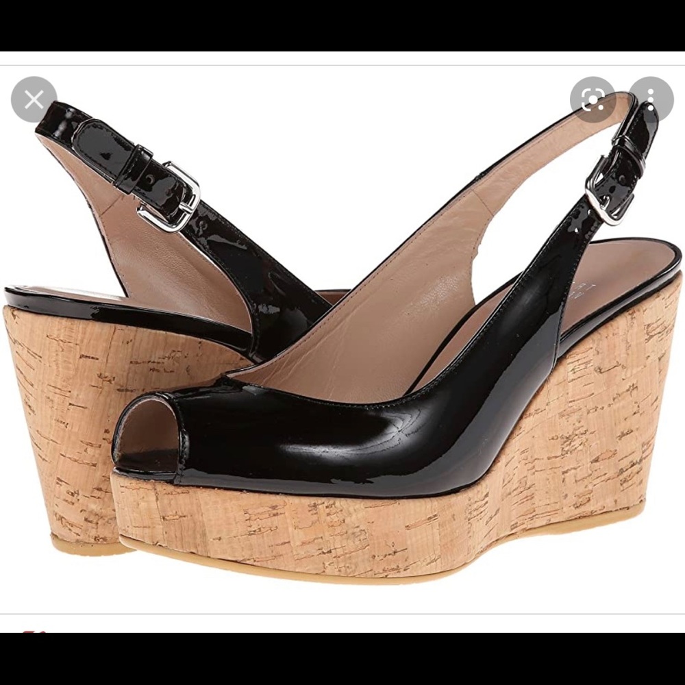 Stuart Weitzman 8m Jean black patent peep toe wedges